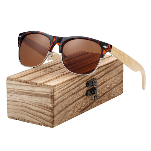 BARCUR - Γυαλιά Ηλίου Bamboo Clubmaster Style Leopard Σκελετό Με Καφέ Polarized Φακό (4000)