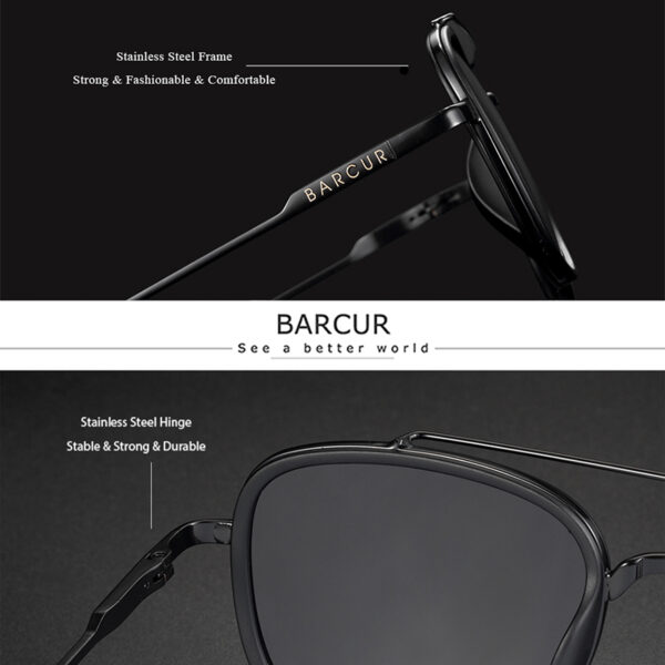 BARCUR - Γυαλιά Ηλίου Retro Hexagon Stainless GunBlack Σκελετός & Μαύρος Φακός Polarized (8504)