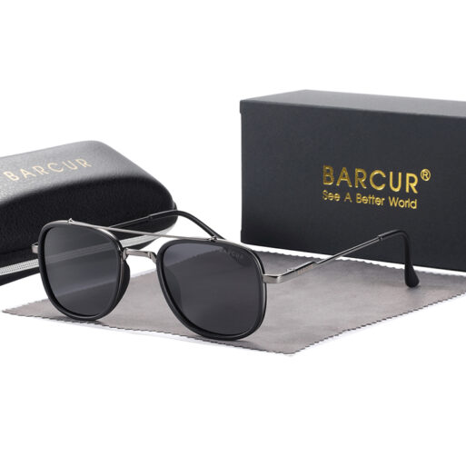 BARCUR - Γυαλιά Ηλίου Retro Hexagon Stainless GunBlack Σκελετός & Μαύρος Φακός Polarized (8504)