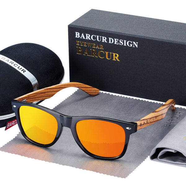 BARCUR - Γυαλιά Ηλίου Bamboo Zebrawood Wayfarer Style Μαύρα με Orange Polarized Φακό (8720)