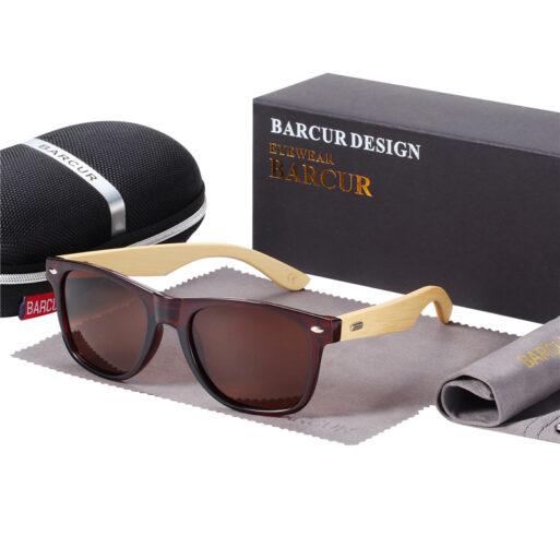 BARCUR - Γυαλιά Ηλίου Bamboo Wayfarer Style Tea με Tea Polarized Φακό με Ελαστικά Αυτάκια (4175)