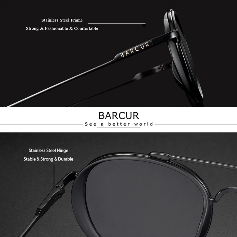 BARCUR - Γυαλιά Ηλίου Round Stainless Gun Σκελετός & Gray Φακός Polarized (8509)