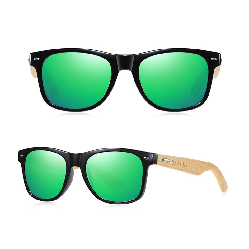 BARCUR - Γυαλιά Ηλίου Bamboo Wayfarer Style Black με Green Polarized Φακό (4175)