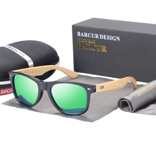BARCUR - Γυαλιά Ηλίου Bamboo Wayfarer Style Black με Green Polarized Φακό (4175)