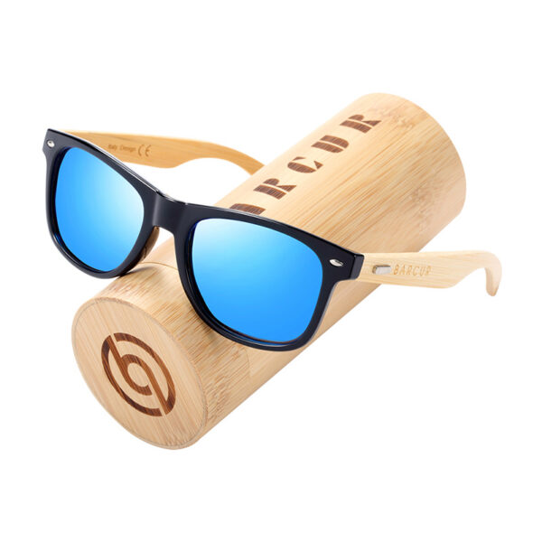 BARCUR - Γυαλιά Ηλίου Bamboo Wayfarer Style Μαύρα με Μπλε Polarized Φακό (4175)