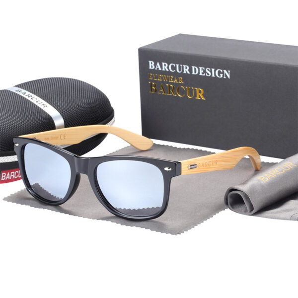 BARCUR - Γυαλιά Ηλίου Bamboo Wayfarer Style Μαύρο Σκελετό Με Ασημί Polarized Φακό (4175)