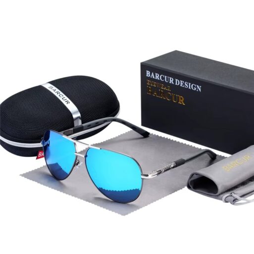 BARCUR - Γυαλιά Ηλίου Pilot Stainless Double Bridge Γκρι Σκελετός & Μπλε Φακός Polarized (8725)
