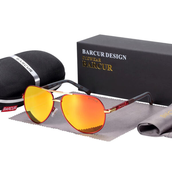 BARCUR - Γυαλιά Ηλίου Pilot Stainless Double Bridge Κόκκινος Σκελετός & Πορτοκαλί Φακός Polarized (8725)