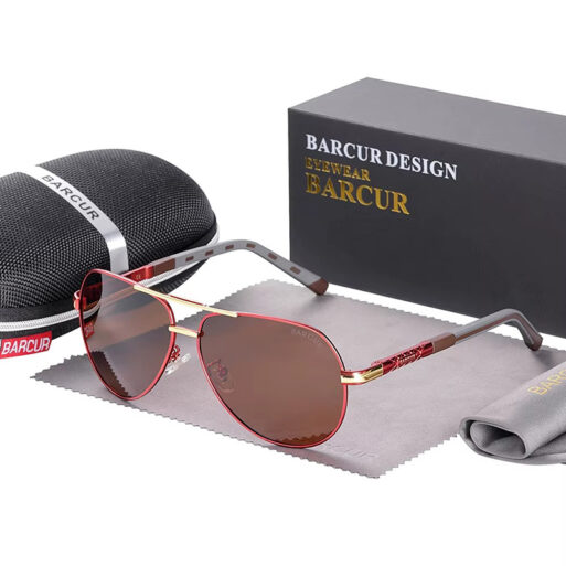 BARCUR - Γυαλιά Ηλίου Pilot Stainless Double Bridge Κόκκινος Σκελετός & Tea Φακός Polarized (8725)