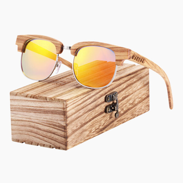 BARCUR - Γυαλιά Ηλίου Bamboo Clubmaster Style με Orange Polarized Φακό (8101)