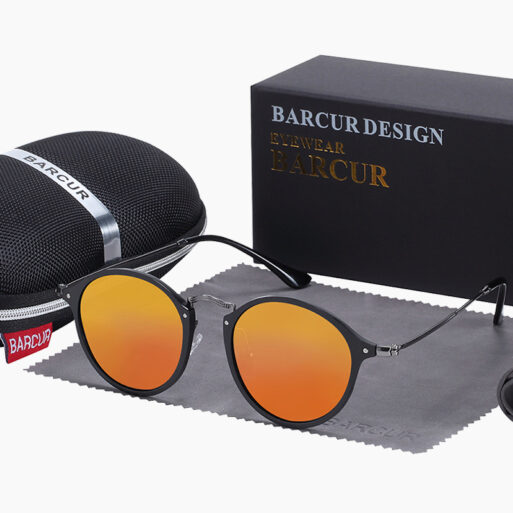 BARCUR - Γυαλιά Ηλίου Round Stainless Black Σκελετός & Orange Φακός Polarized (8575)