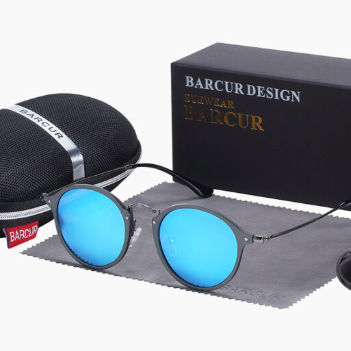BARCUR - Γυαλιά Ηλίου Round Stainless Black Σκελετός & Sky Blue Φακός Polarized (8575)