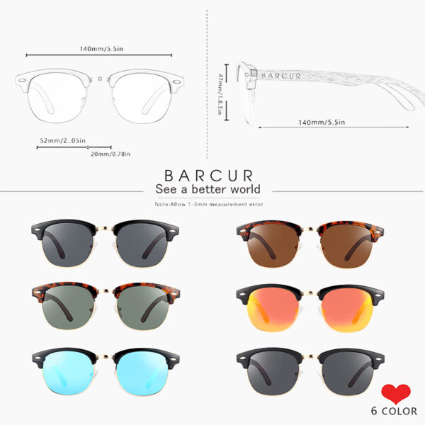 BARCUR - Γυαλιά Ηλίου Walnut Clubmaster Style με Black Polarized Φακό (4005)