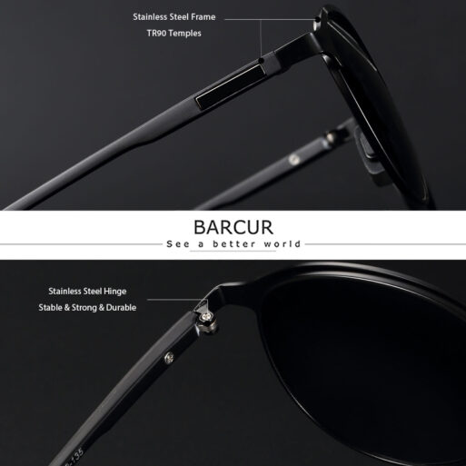 BARCUR – Γυαλιά Ηλίου Round Stainless Μαύρος Σκελετός & Μαύρος Φακός Polarized (8622)